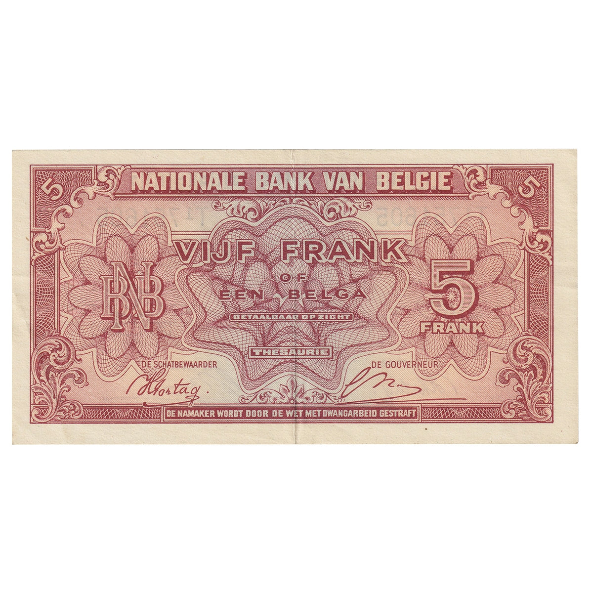 Belgium 1943 5 Franc-1 Belga Note, Pick #121, EF