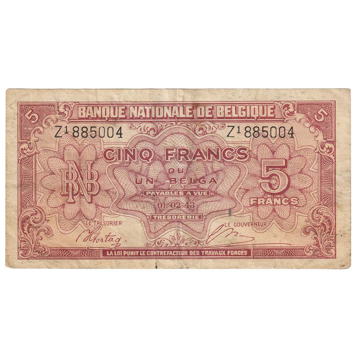 Belgium 1943 5 Franc-1 Belga Note, Pick #121a, EF