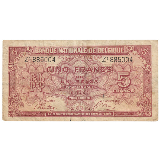 Belgium 1943 5 Franc-1 Belga Note, Pick #121a, EF