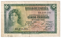 Spain 1935 5 Pesetas Note, Pick #85, VF