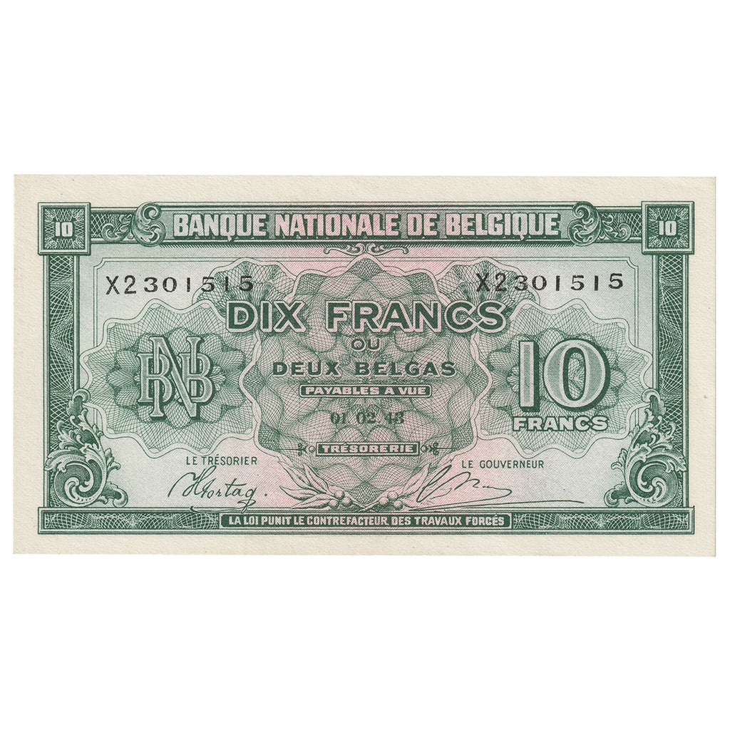 Belgium 1943 10 Franc-2 Belga Note, Pick #122, AU-UNC