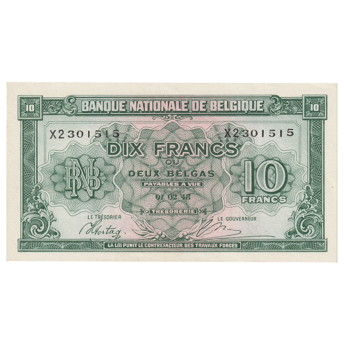 Belgium 1943 10 Franc-2 Belga Note, Pick #122, AU-UNC