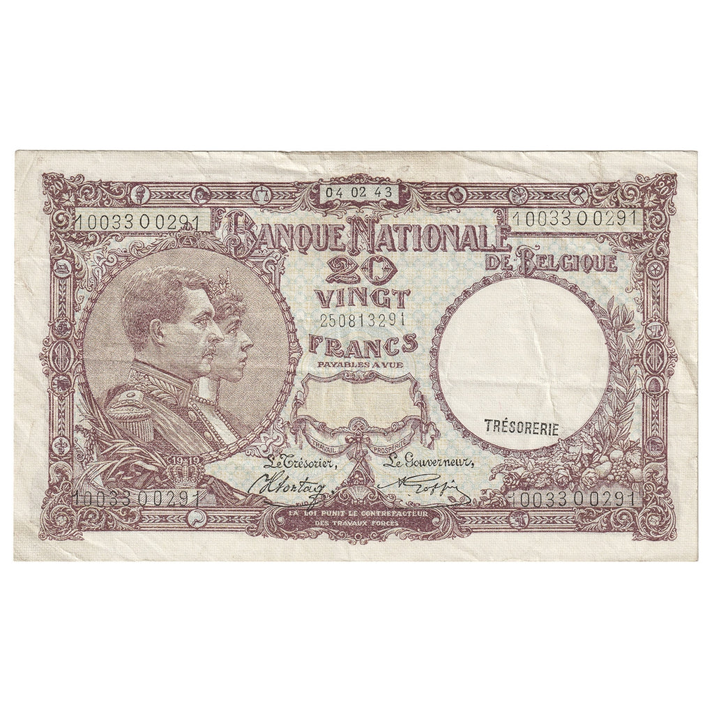 Belgium 1943 20 Franc Note, Pick #111, VF