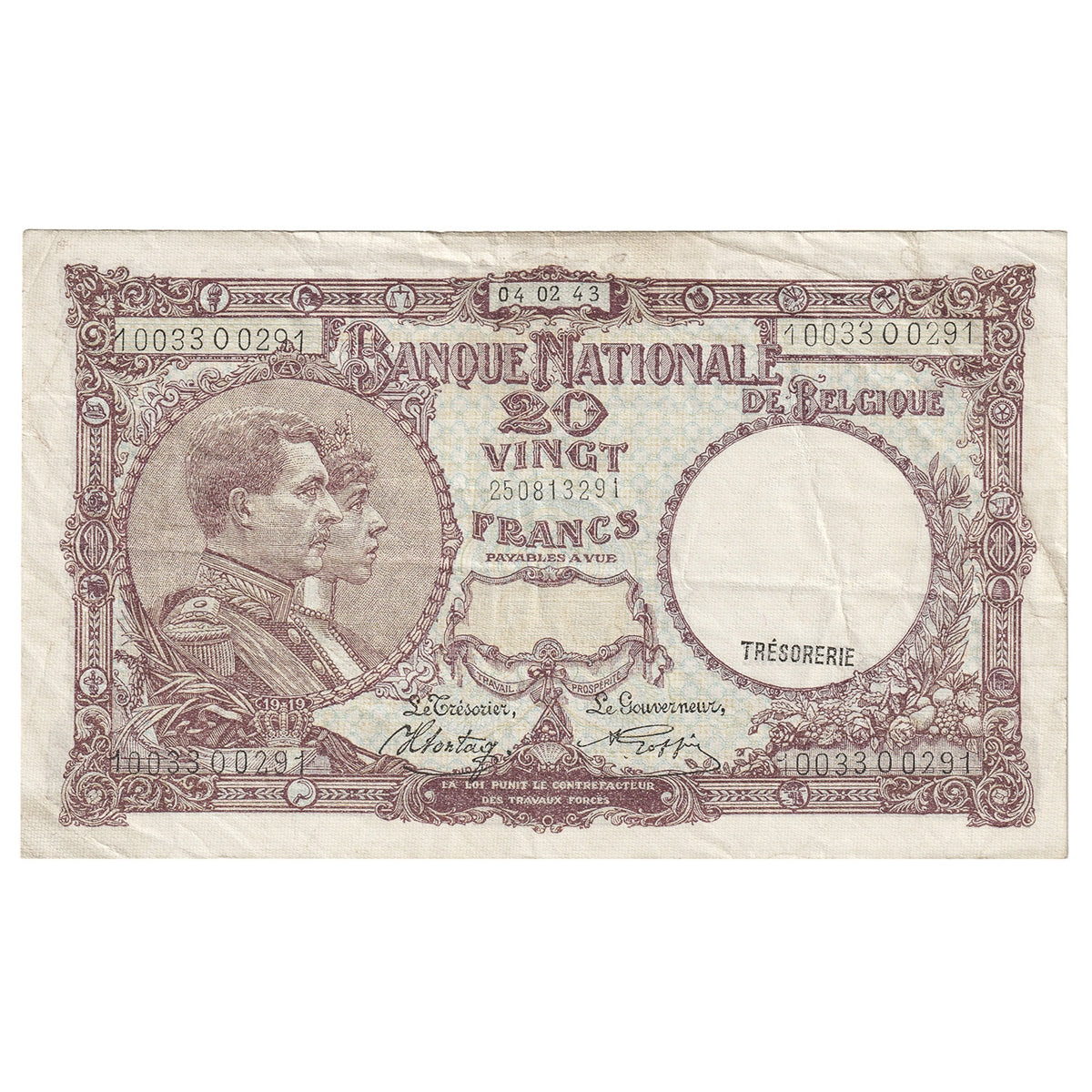 Belgium 1943 20 Franc Note, Pick #111, VF