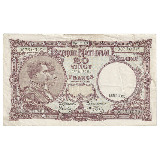 Belgium 1943 20 Franc Note, Pick #111, VF
