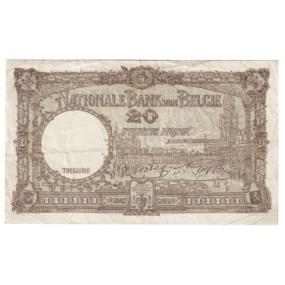 Belgium 1943 20 Franc Note, Pick #111, VF