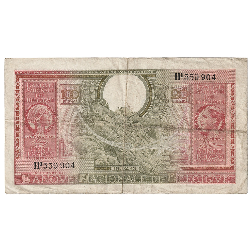 Belgium 1943 100 Franc-20 Belga Note, Pick #123, VF