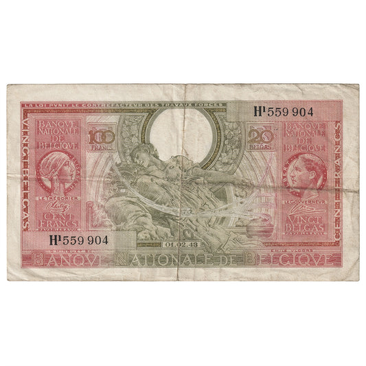 Belgium 1943 100 Franc-20 Belga Note, Pick #123, VF