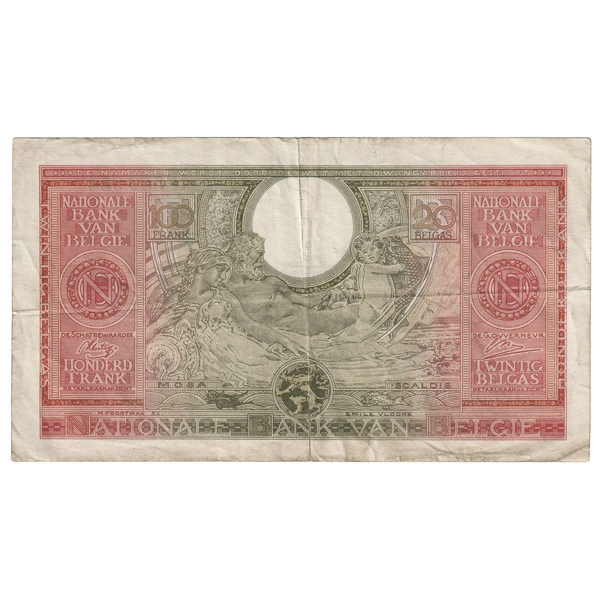 Belgium 1943 100 Franc-20 Belga Note, Pick #123, VF