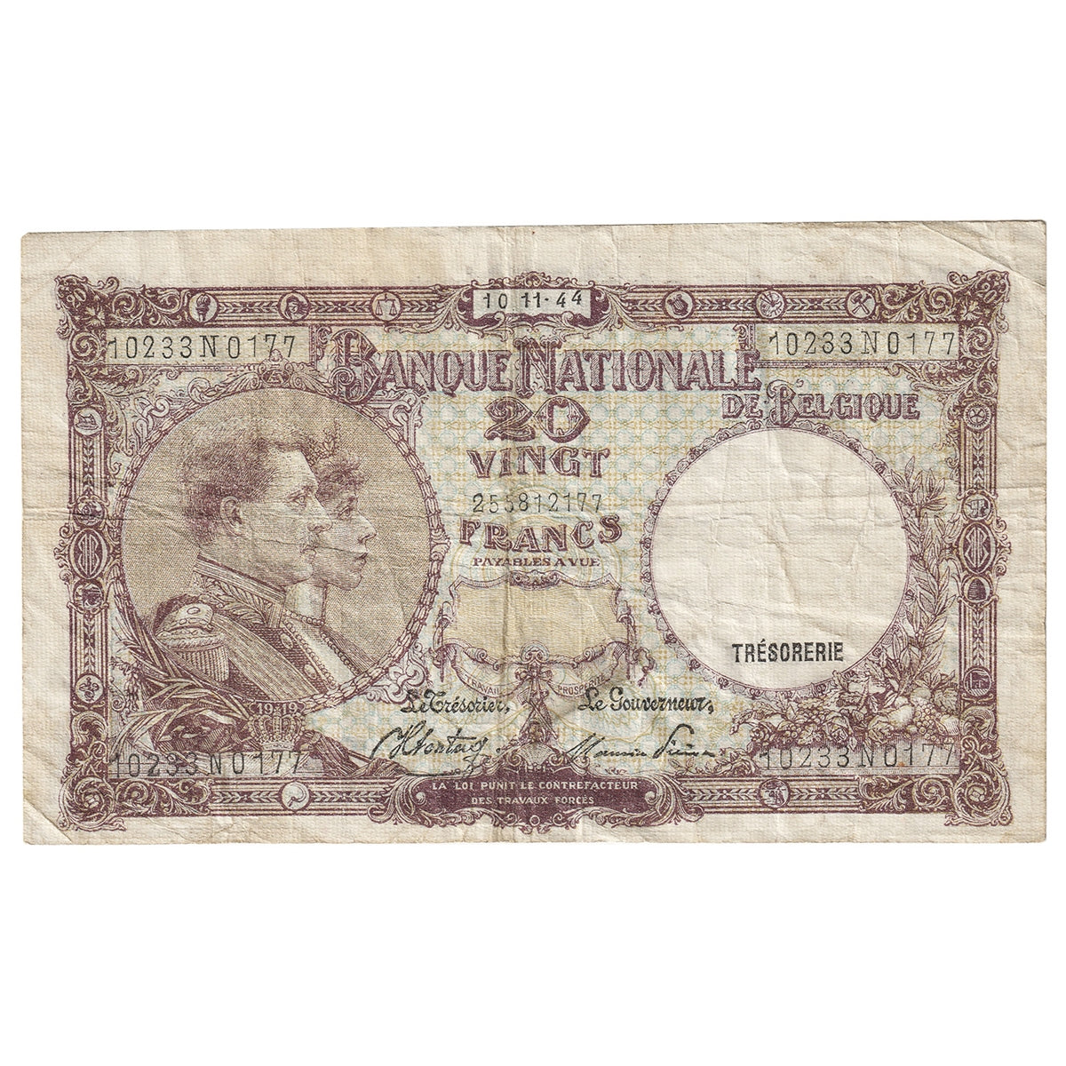 Belgium 1944 20 Franc Note, Pick #111, VF