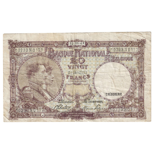 Belgium 1944 20 Franc Note, Pick #111, VF