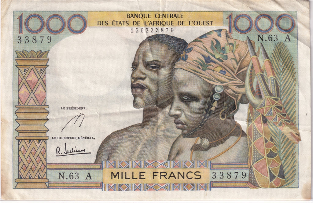 West African States 1959-65 1000 Francs Note, Pick #103Ae, EF (stains)
