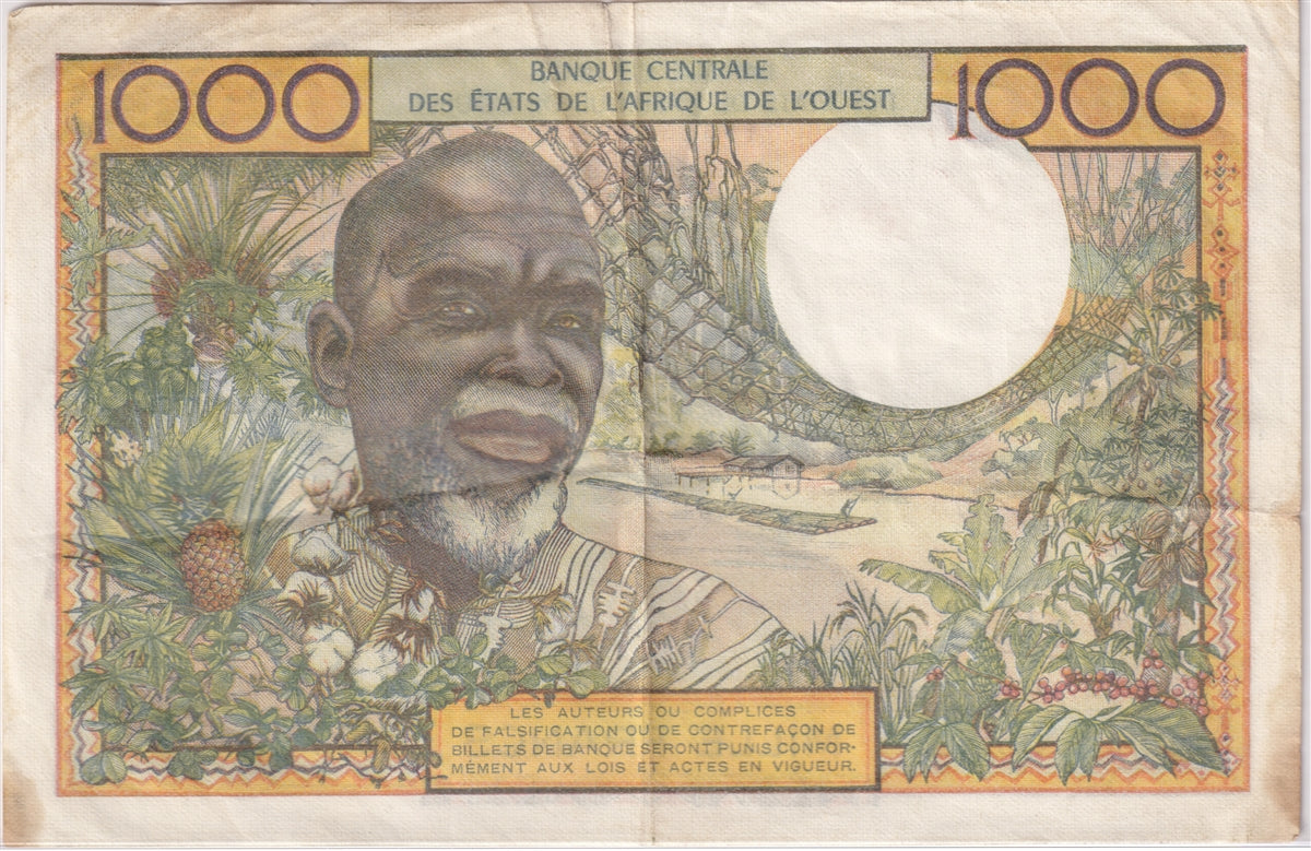 West African States 1959-65 1000 Francs Note, Pick #103Ae, EF (stains)