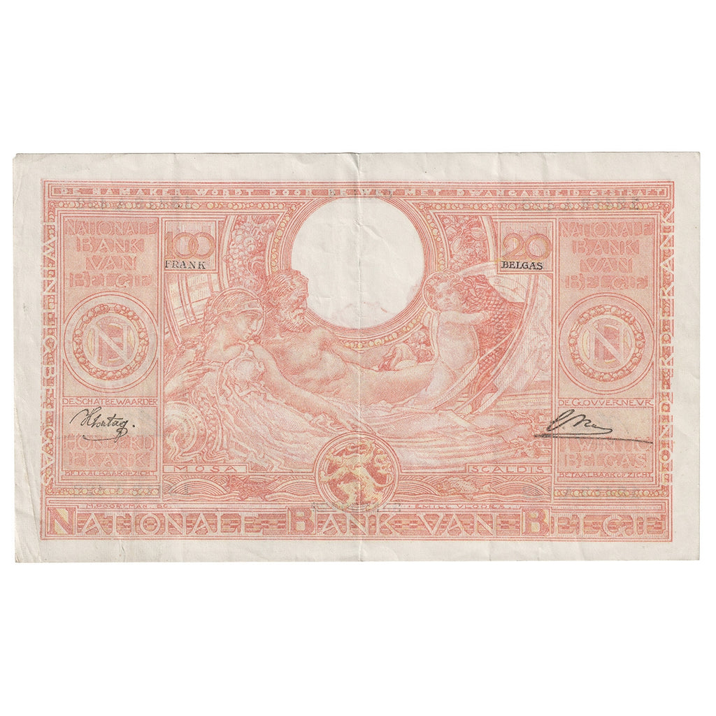 Belgium 1944 100 Franc-20 Belga Note, VF-EF