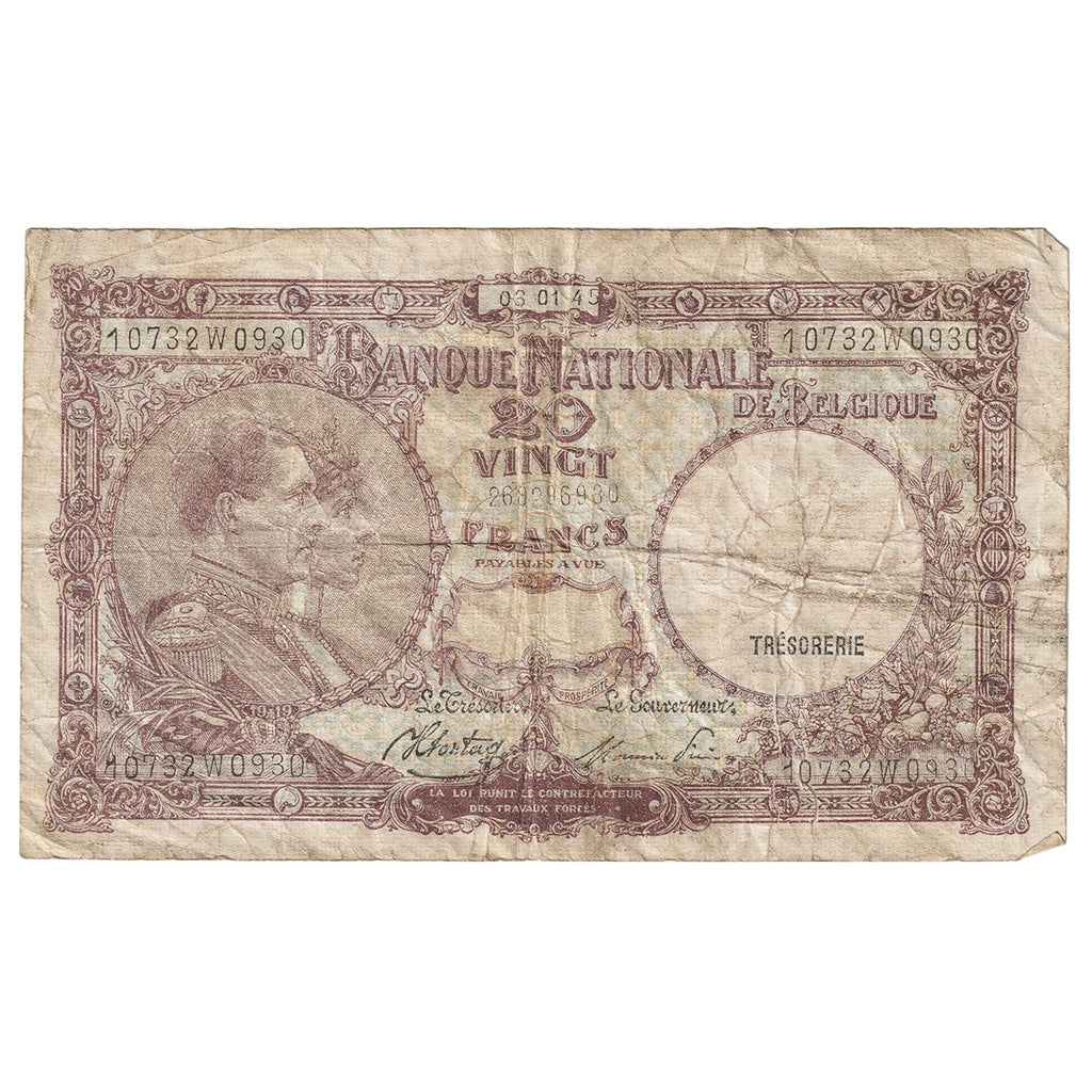 Belgium 1945 20 Franc Note, Pick #111, F