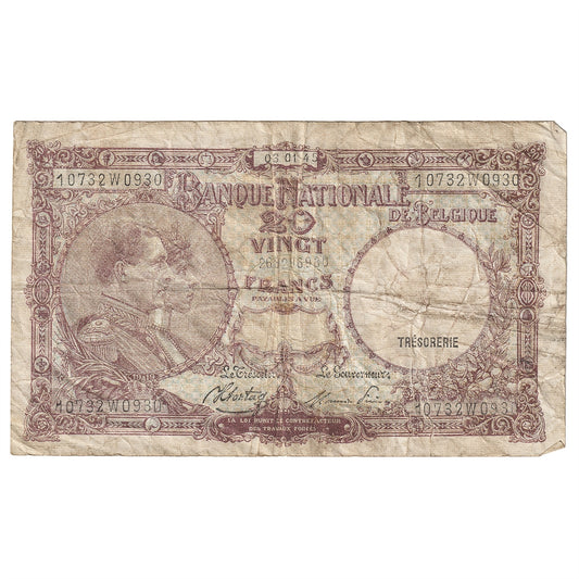Belgium 1945 20 Franc Note, Pick #111, F