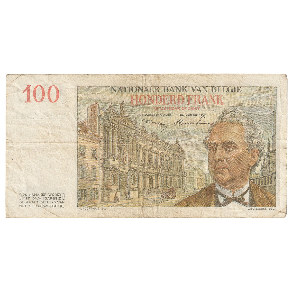 Belgium 1952 100 Franc Note, Pick #129a, VF
