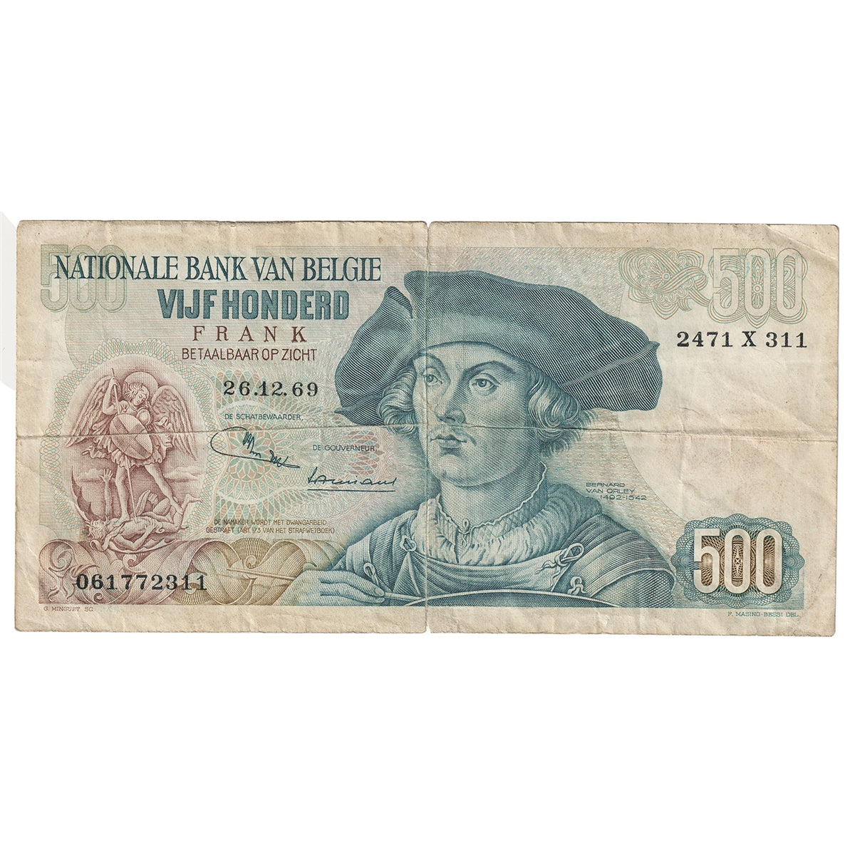 Belgium 1969 500 Franc Note, Pick #135a, Circ.