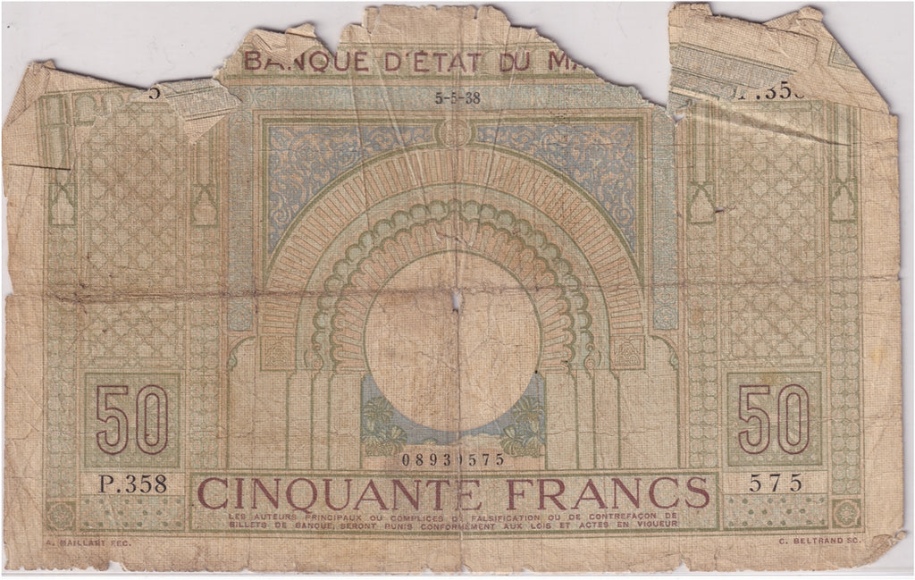 Morocco Note 1938 50 Francs, G