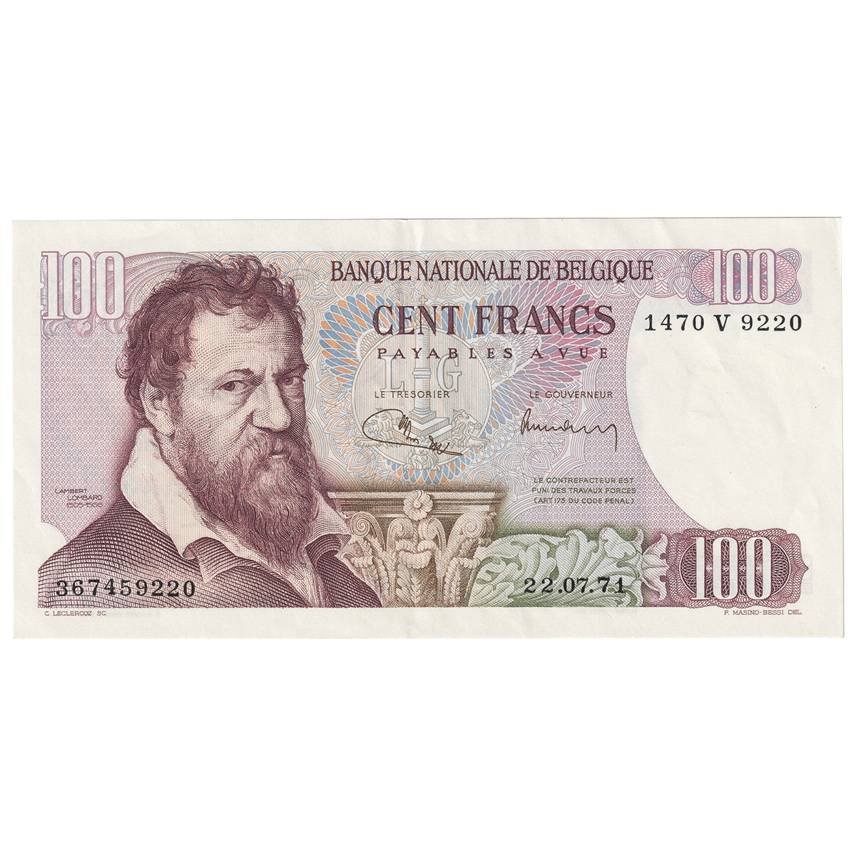 Belgium 1971 100 Franc Note, Pick #134b, EF-AU