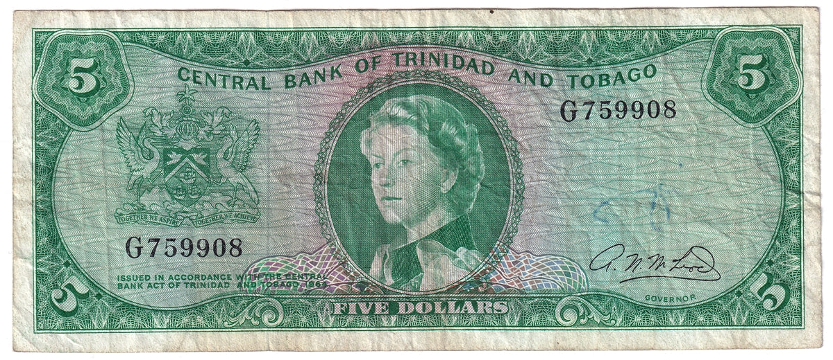 Trinidad and Tobago 1964 5 Dollar Note, Pick #27b, VF (writing)