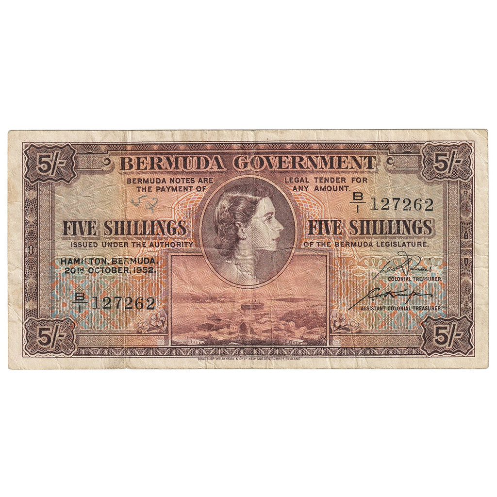 Bermuda 1952 5 Shilling Note, Pick #18a, F