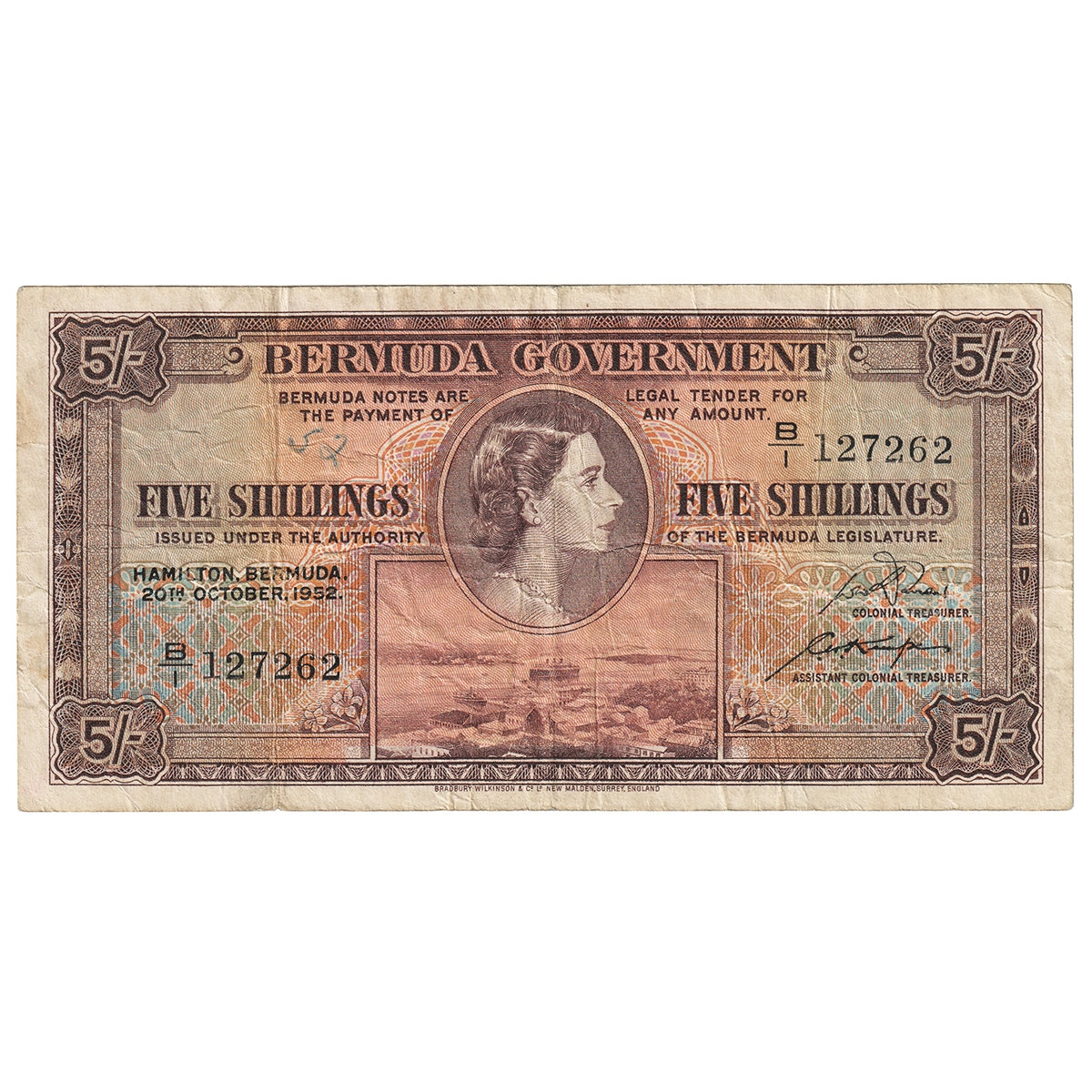 Bermuda 1952 5 Shilling Note, Pick #18a, F
