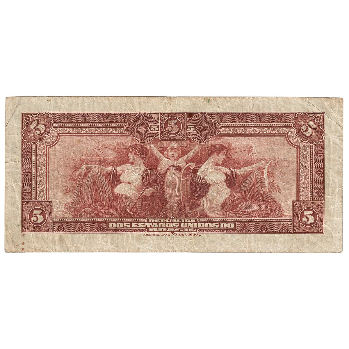 Brazil 1942 5 Cruzeiros on 5 Mil. Reis, Pick #125, VF
