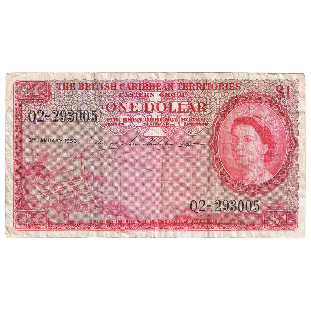 British Caribbean Territories 1956 1 Dollar Note, Pick #7b, F-VF