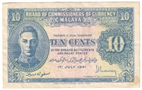 Malaya 1941 10 Cents Note, Pick #8, EF
