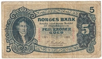 Norway 1923 5 Kroner Note, Pick #7b, VG-F