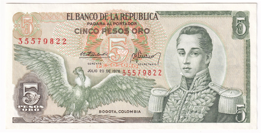 Colombia Note 1976 5 Pesos Oro, UNC