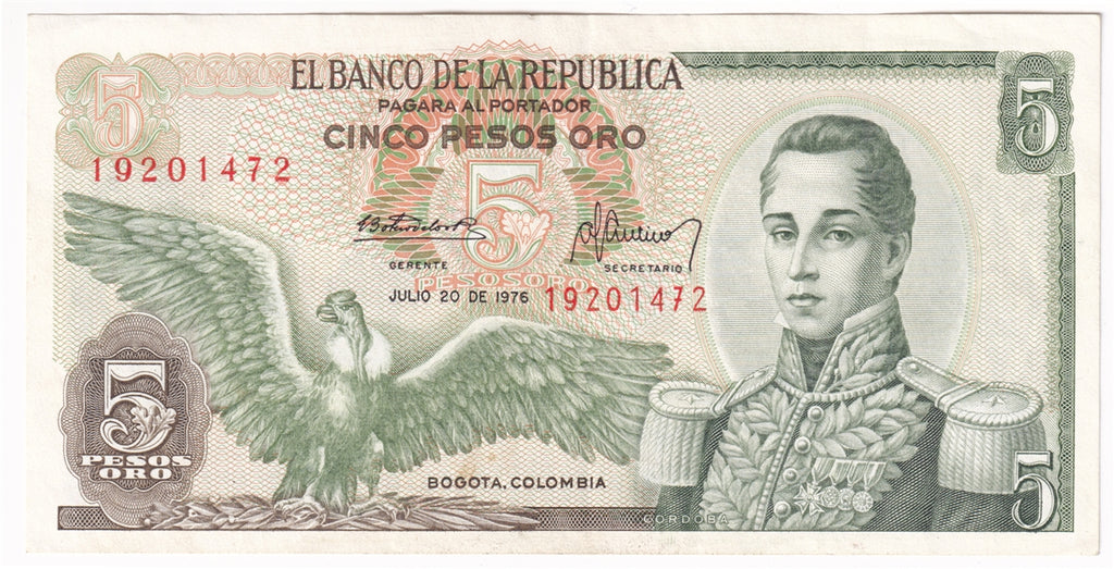 Colombia  Note 1976 5 Pesos Oro, EF-AU