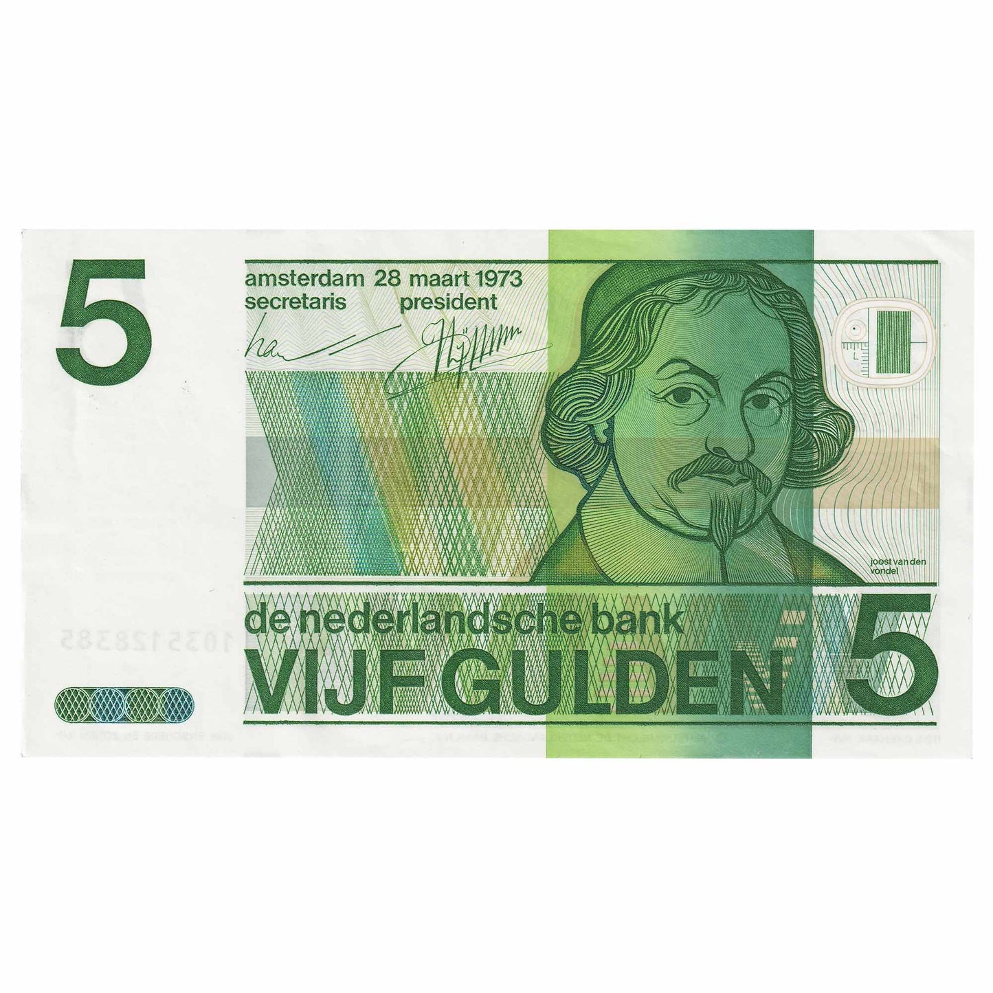 Netherlands 1973 5 Gulden Note, Pick #95, AU