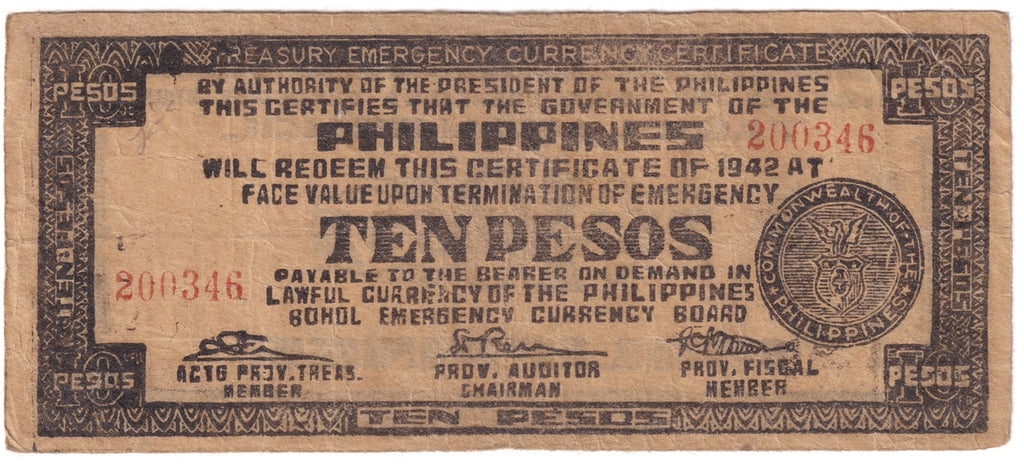 Philippines Note 1942 10 Pesos Bohol, F