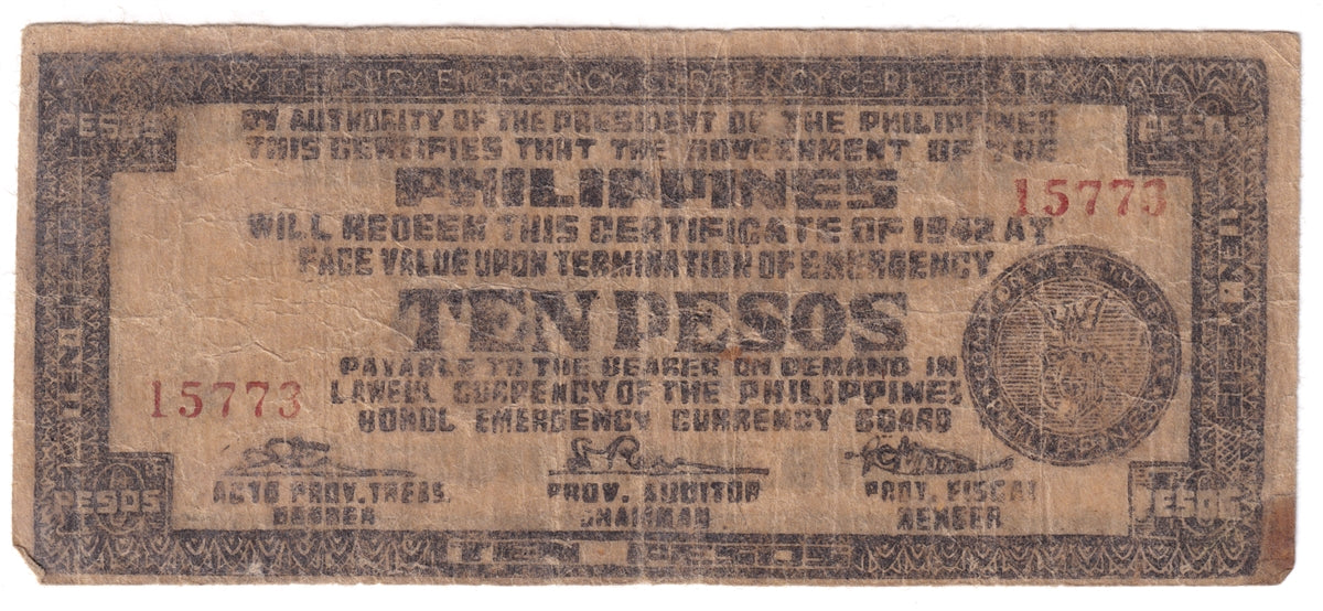 Philippines Note 1942 10 Pesos Bohol, VG