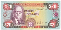 Jamaica 1985 20 Dollar Note, Pick #72a, AU-UNC