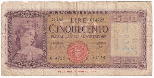 Italy 1961 500 Lire Note, Pick #80b, F (writing)