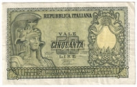 Italy 1951 50 Lire Note, Pick #91a, VF-EF