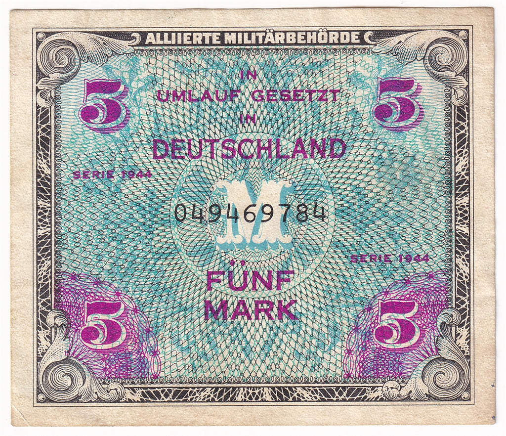 Germany 1944 5 Mark Note, Pick #134a, 9 Digit with F, AU