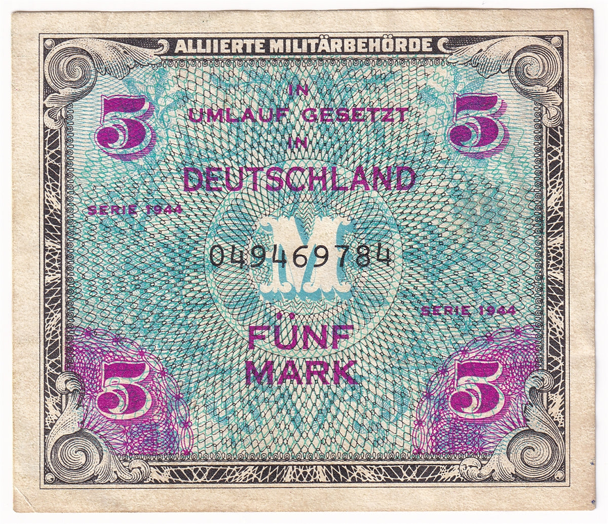 Germany 1944 5 Mark Note, Pick #134a, 9 Digit with F, AU