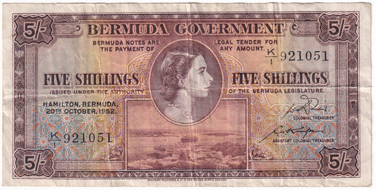 Bermuda Note Pick #18a 1952 5 Shillings, VF (tear)