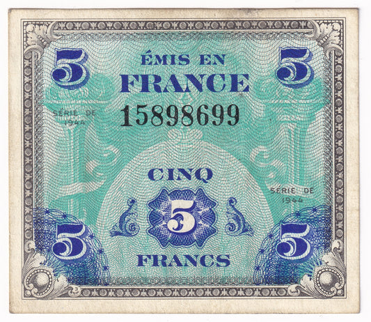 France 1944 5 Francs Note, Pick #115a, AU-UNC