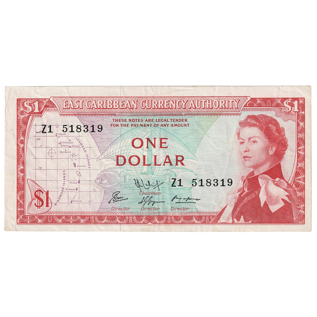 East Caribbean States 1965 1 Dollar Note, Pick #13h, Signature 10, VF