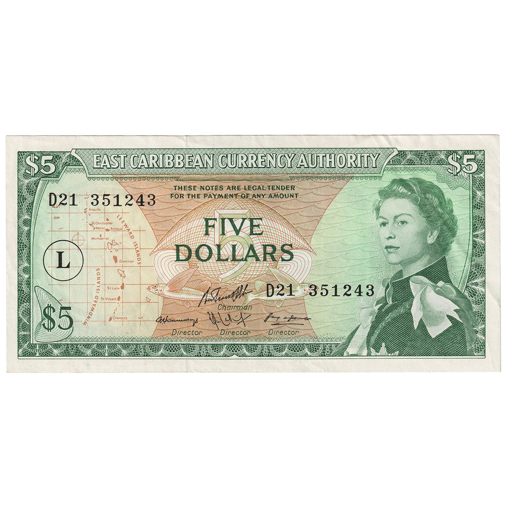 East Caribbean States 1993 5 Dollar Note, Pick #26d, VF