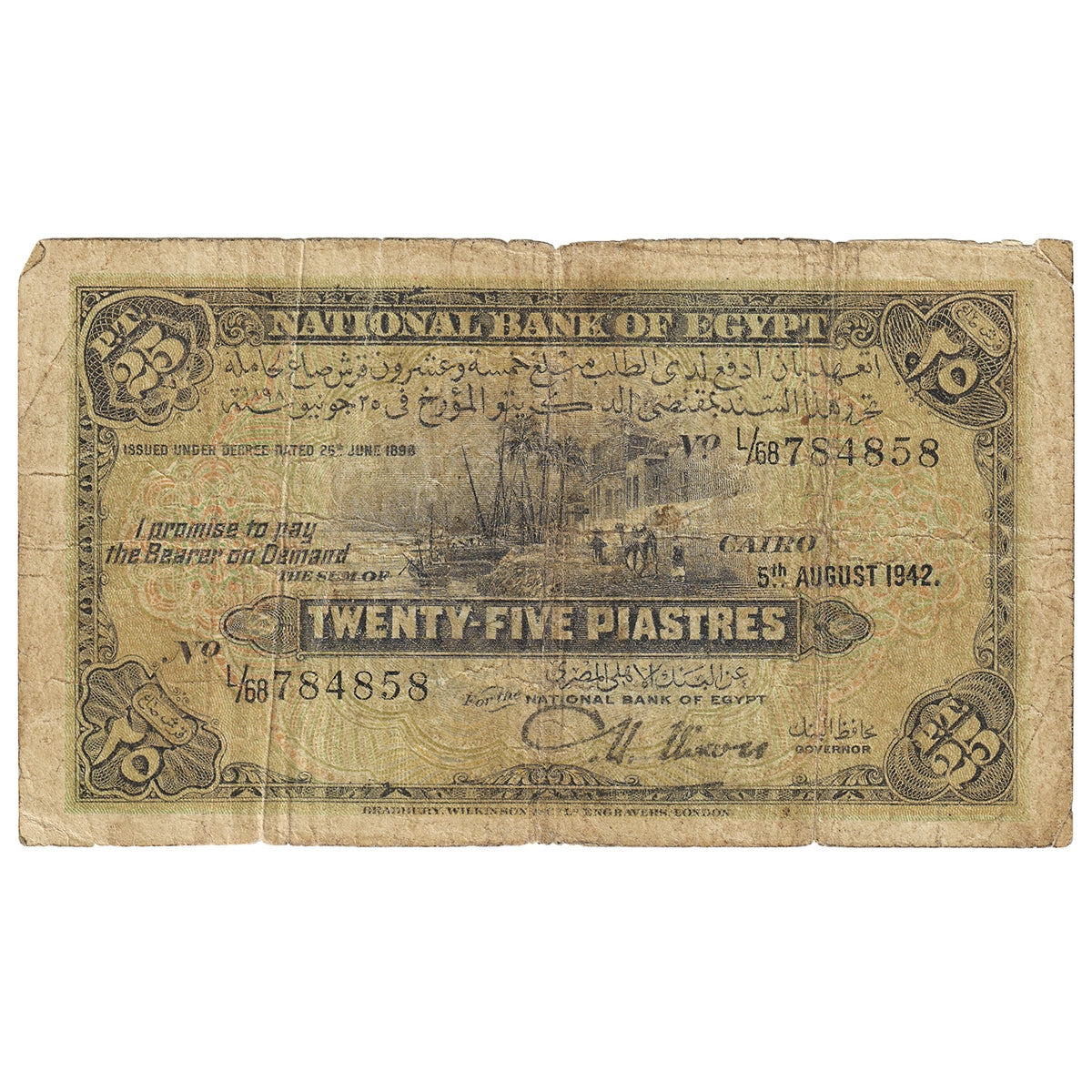 Egypt 1942 25 Piastres Note, Pick #10c, VG-F