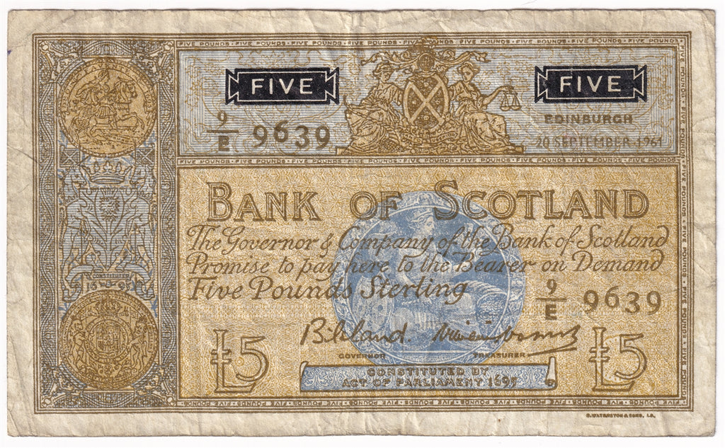 Scotland 1961 Bank of Scotland 5 Pound Note, SC118 F