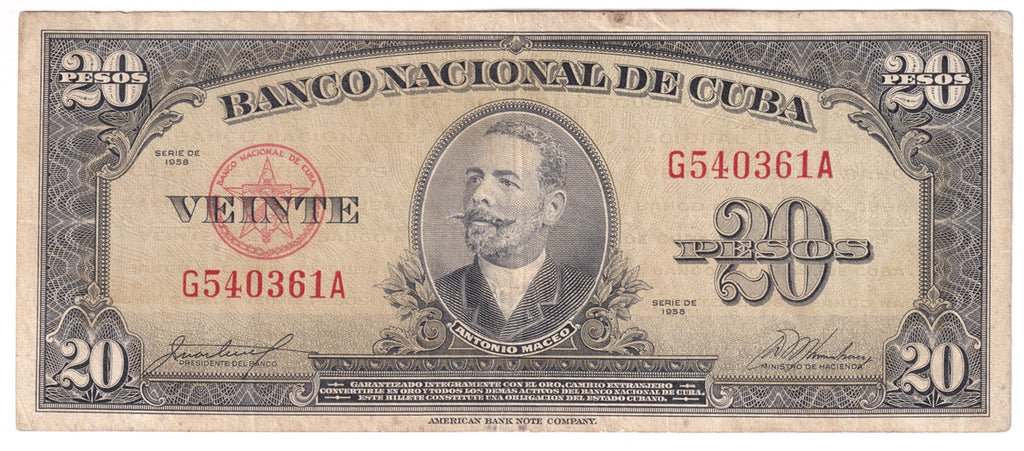 Cuba Note 1958 20 Pesos, VF