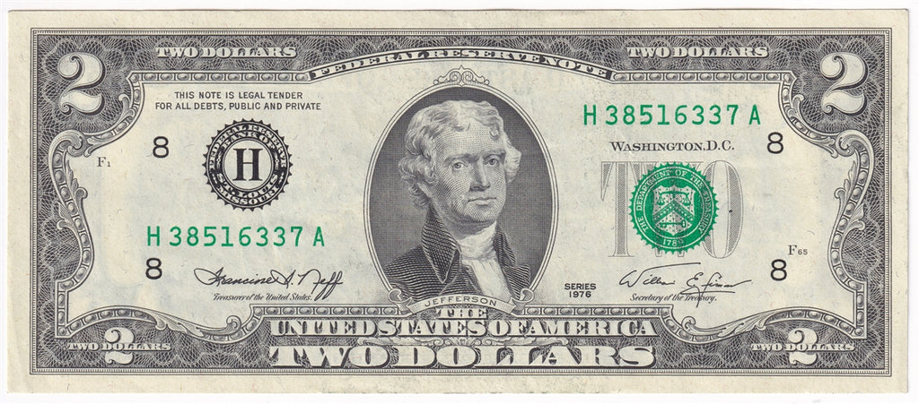 USA 1976 $2 Note, FR #1935H, Neff-Simon, St. Louis, EF-AU