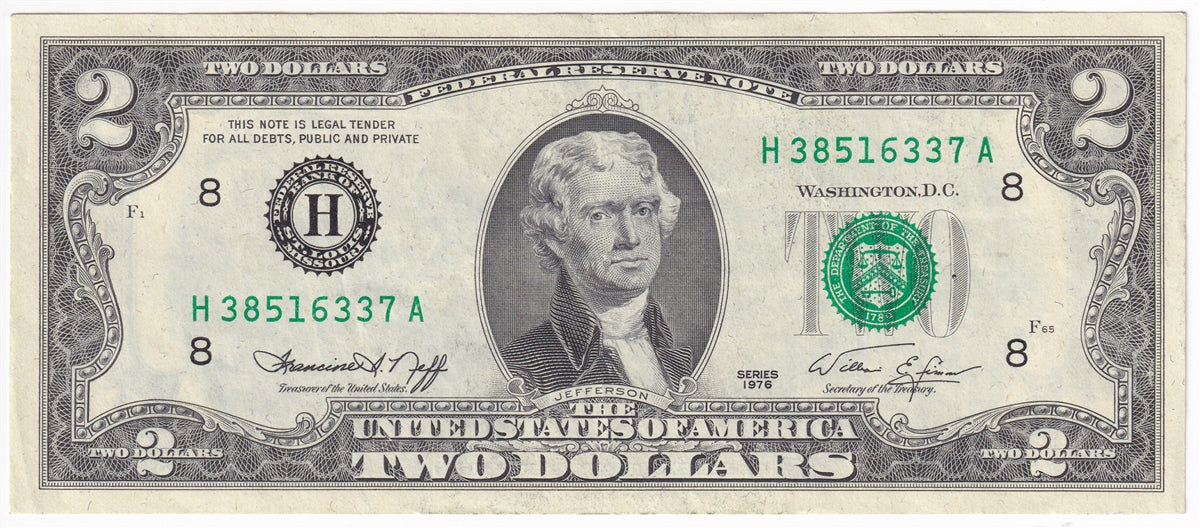 USA 1976 $2 Note, FR #1935H, Neff-Simon, St. Louis, EF-AU